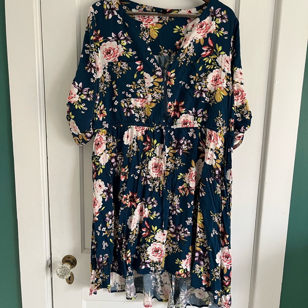 Torrid Asymmetrical Ruffled Blue and Pink Midi Dress